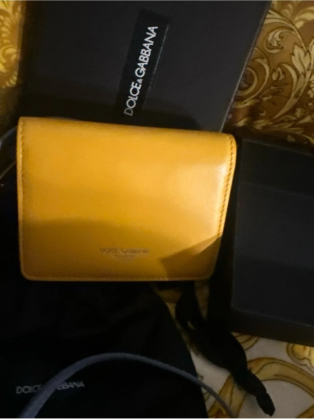 Dolce & Gabbana Mustard Men’s Leather Card HolderCrossbody w/Light Blue Strap